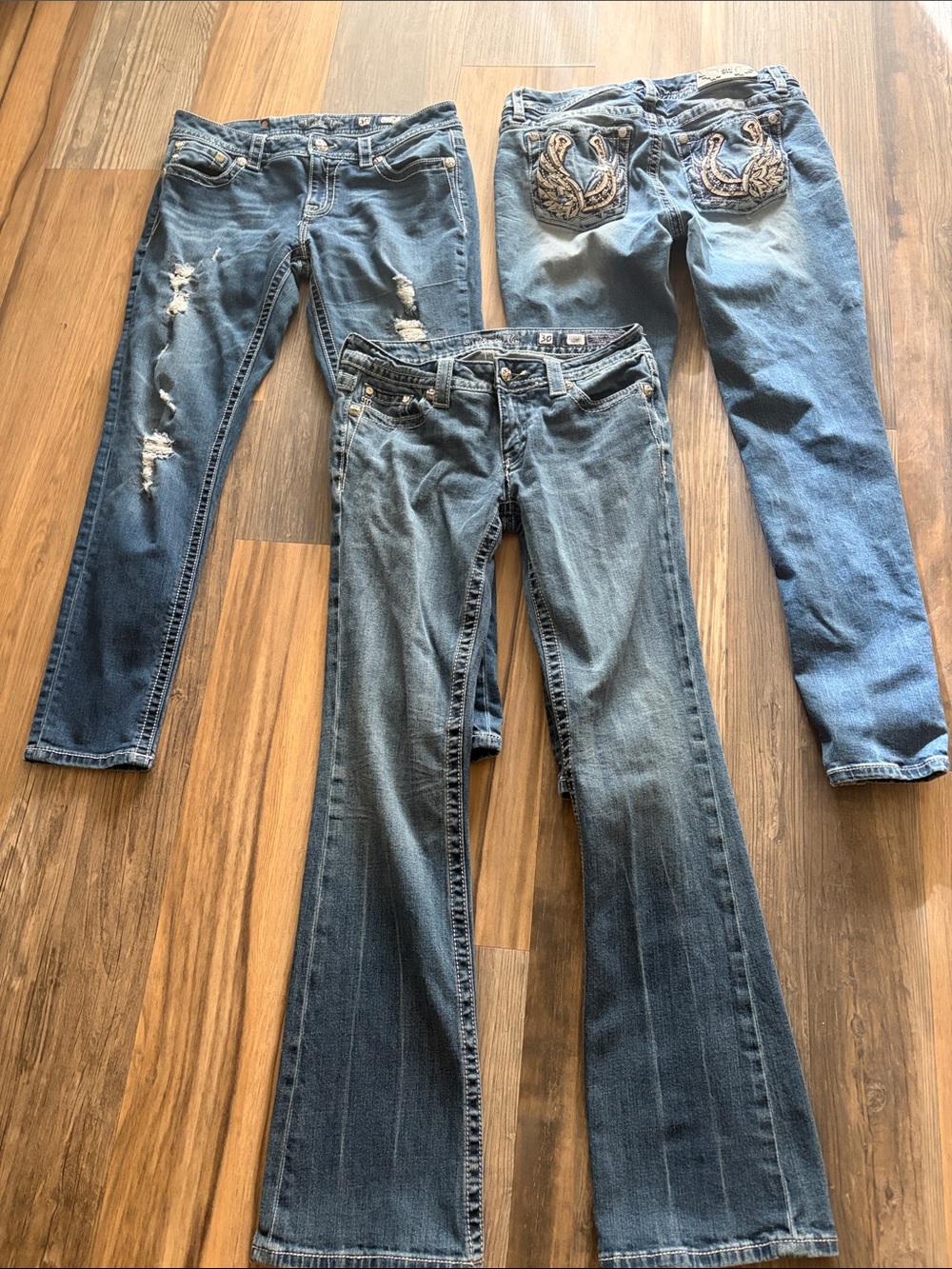 Miss Me Women's Size 30 x 31 Bling Blue Jeans Boot Cut and Straight Lot of 3